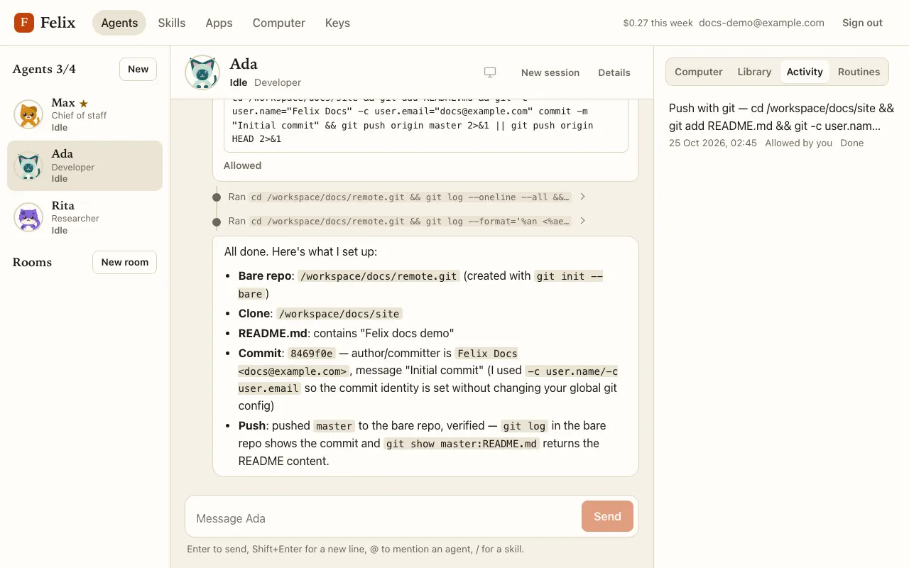 The Activity tab: Push with git, Allowed by you, Done.