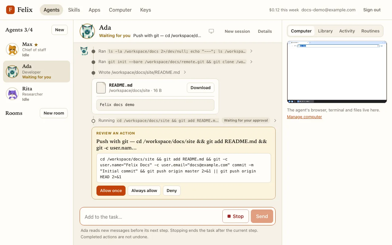 The Agents page: the roster of cats on the left, Ada's chat with an approval card in the middle, her live screen on the right.