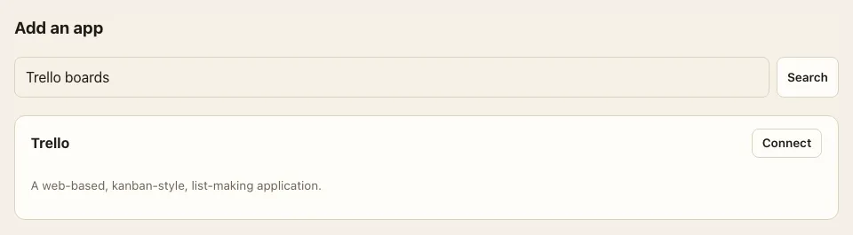 Add an app: a search for Trello boards suggests Trello with a Connect button.
