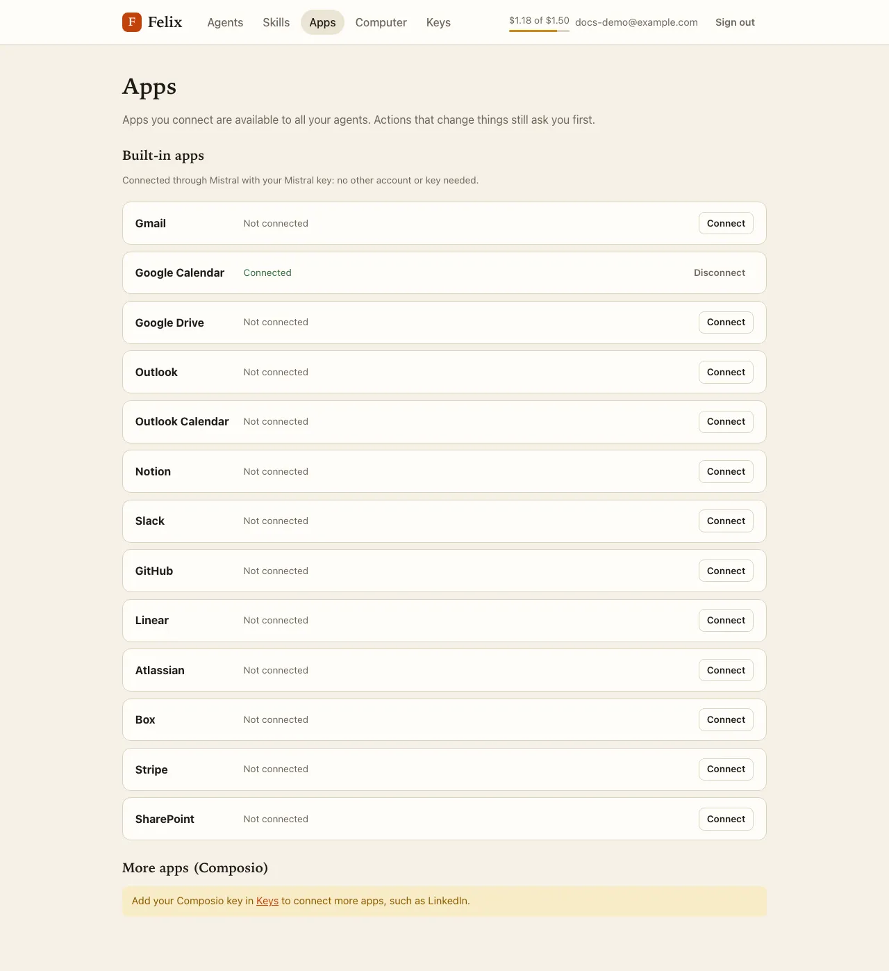 The Apps page: the Built-in apps list (Gmail, Google Calendar, Google Drive, Outlook, Notion, Slack, GitHub…) with Connect buttons, then More apps (Composio).