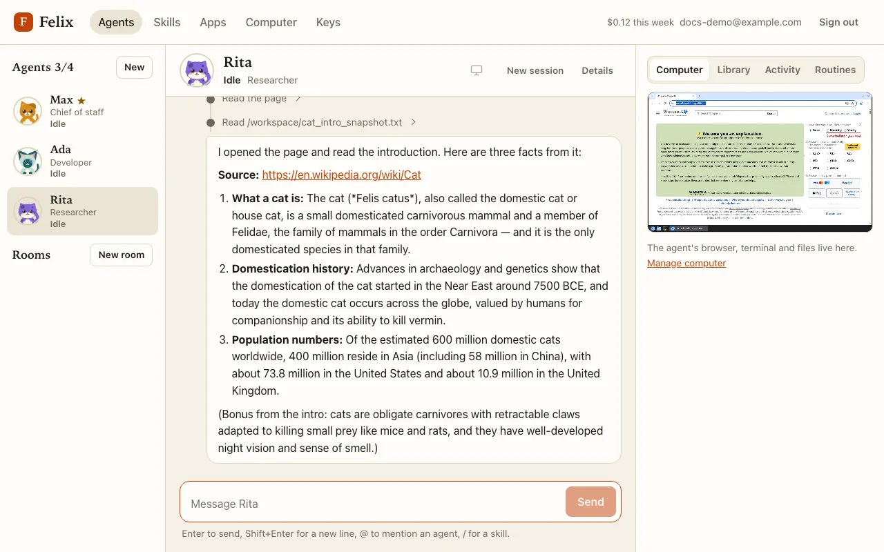 Rita answers with three facts from a Wikipedia page, after opening it in her browser.