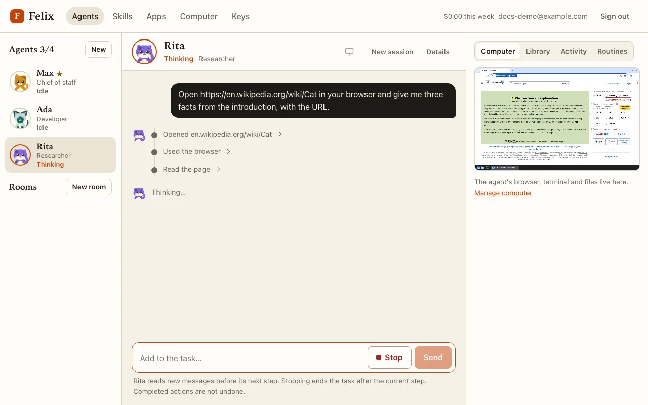 The Agents page: the roster on the left, Rita’s chat in the middle with her actions listed one by one, and her live screen on the right.