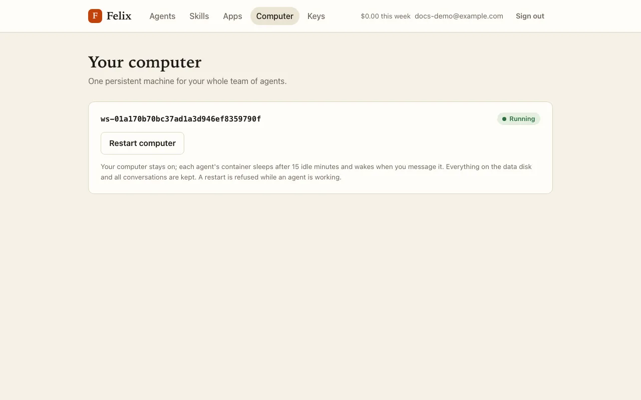 The Computer page: the computer is Running, with a Restart computer button.