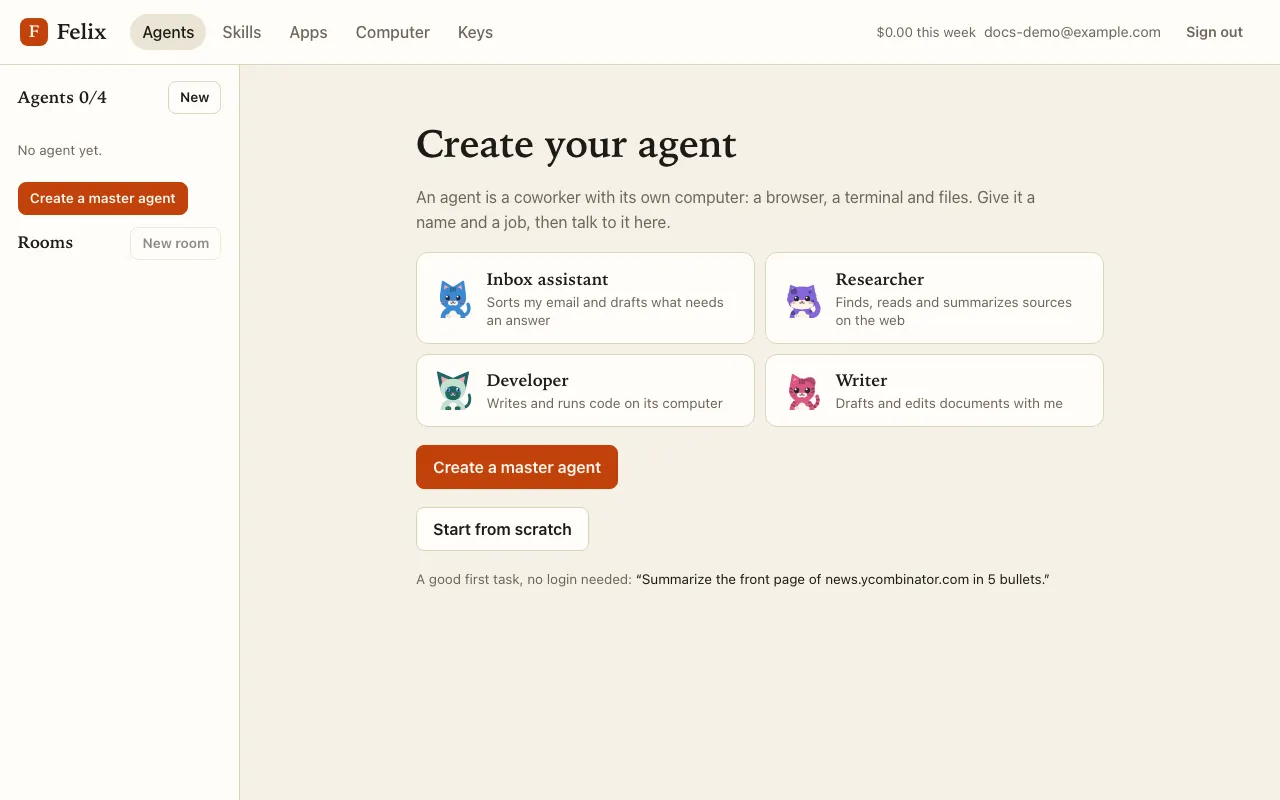 Create your agent: four templates, Create a master agent and Start from scratch.