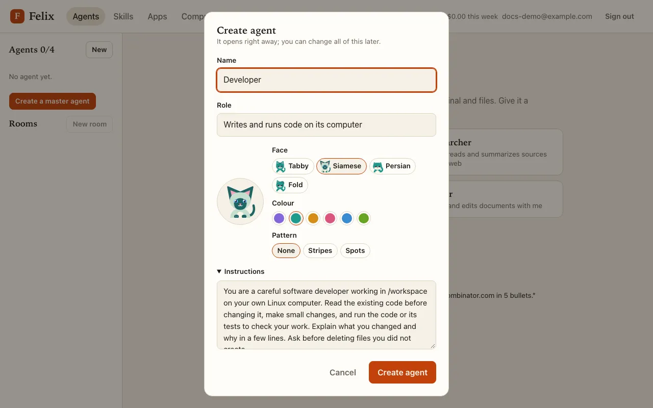The Create agent dialog with the Developer template: name, role, face, colour, pattern and instructions.