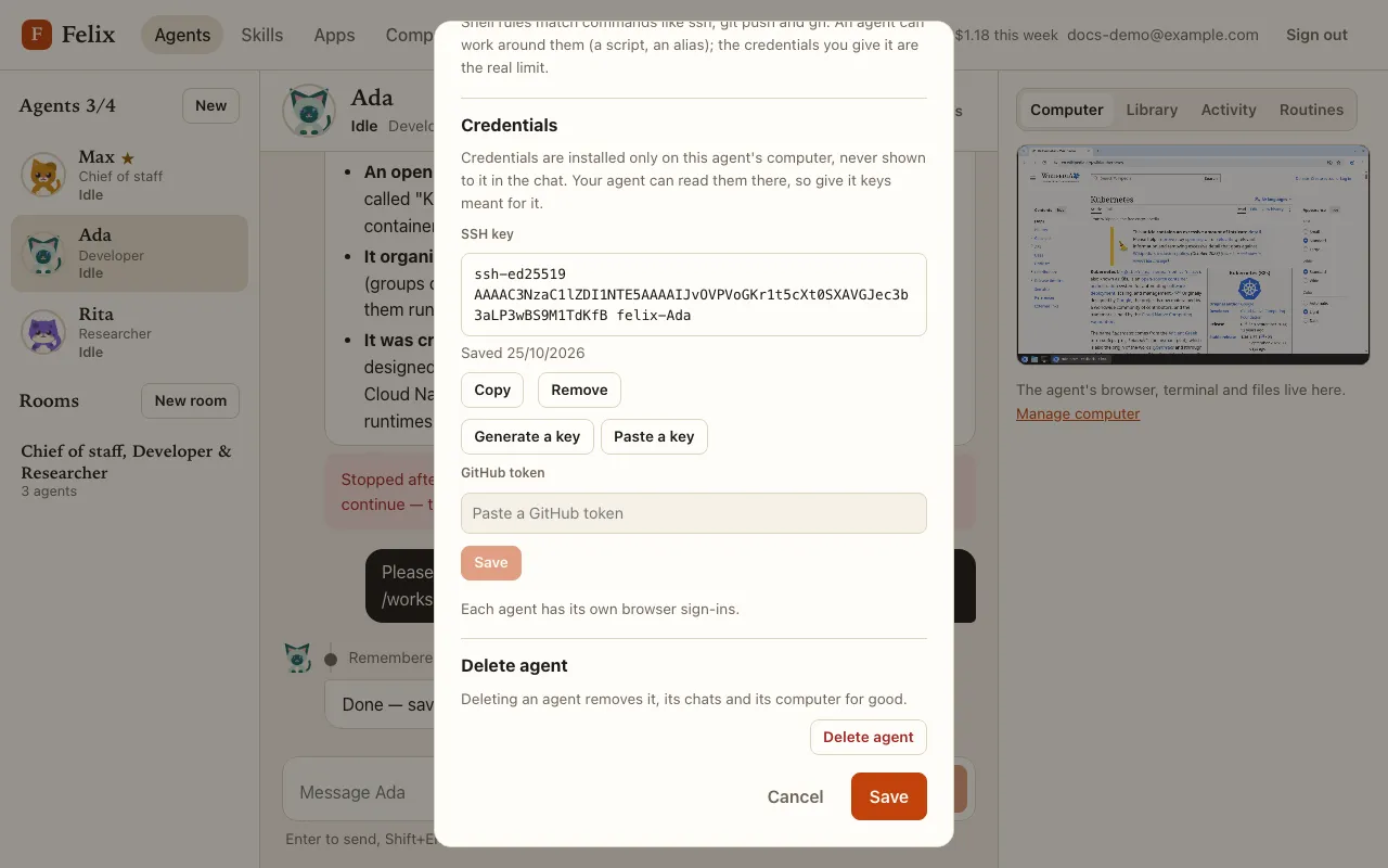 Details: Credentials with an SSH key saved (public key, Copy, Remove, Generate a key, Paste a key) and an empty GitHub token field.