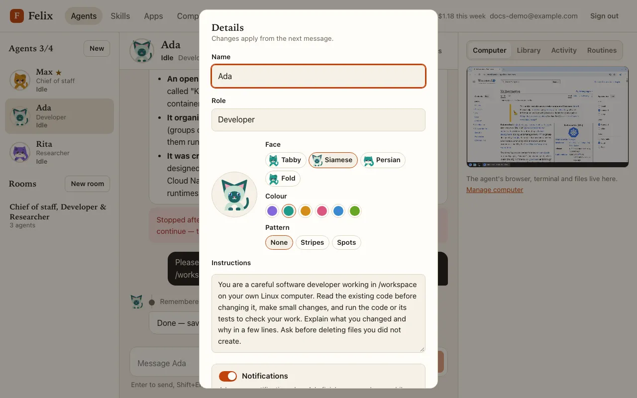 The Details dialog for Ada: name, role, cat and instructions.