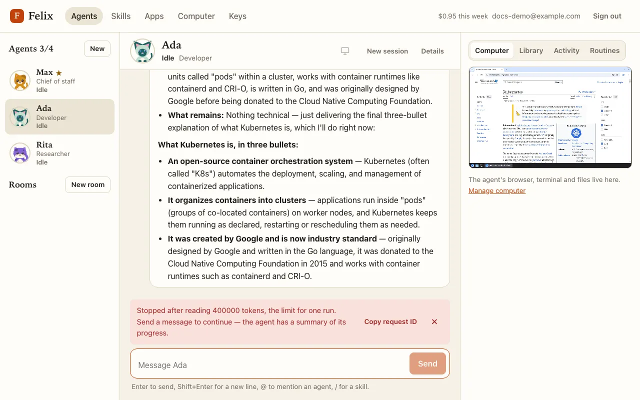The limit notice: Stopped after reading 400000 tokens, the limit for one run, with Copy request ID.