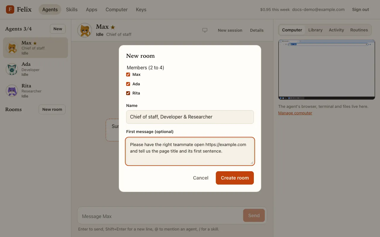 The New room dialog: Max, Ada and Rita ticked, the suggested name, and a first message.
