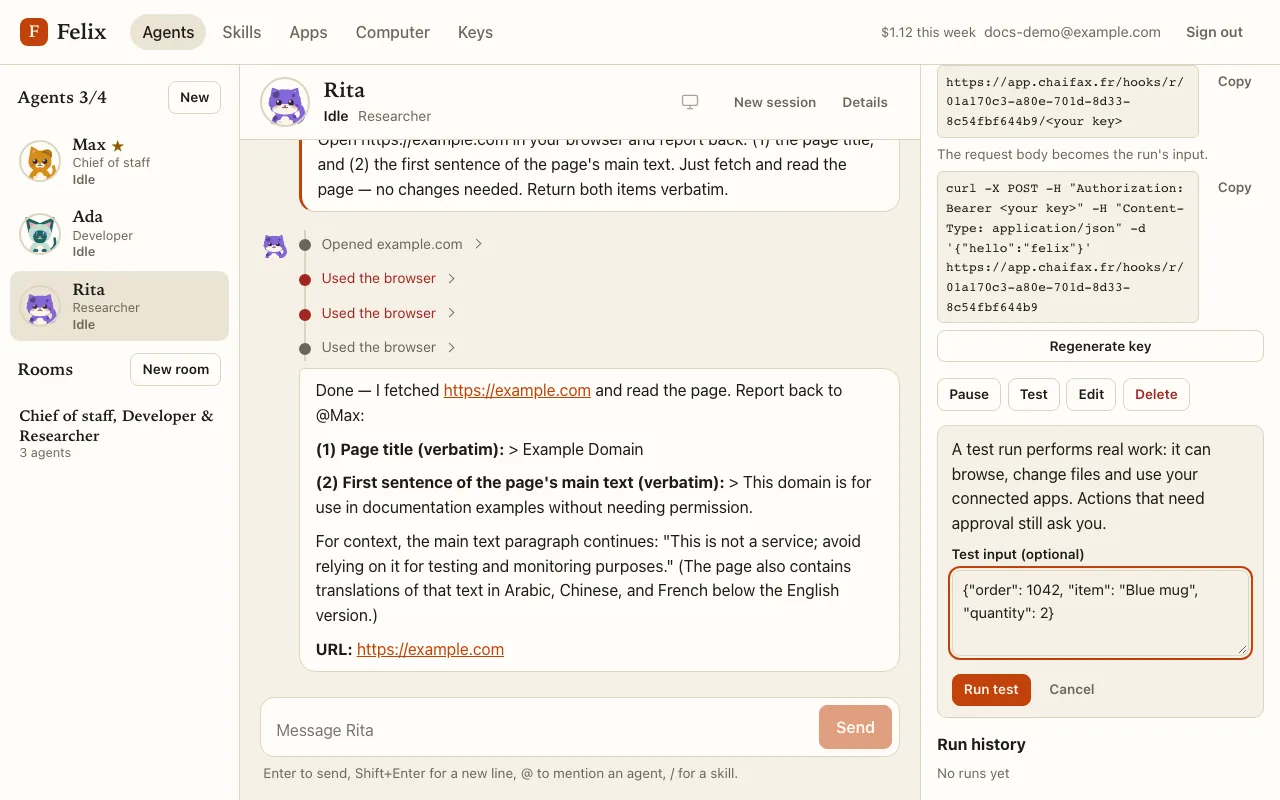The Test confirmation with a JSON test input and Run test.