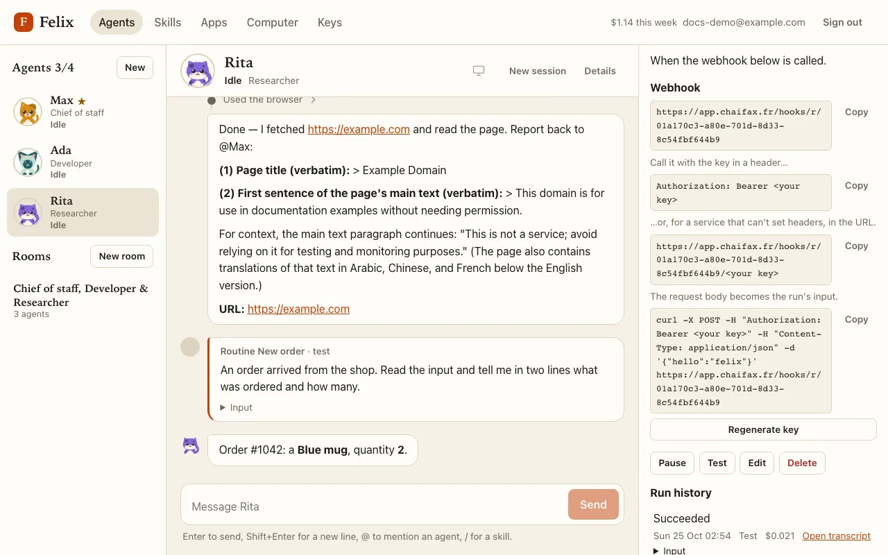 Rita’s chat: the Routine New order · test block, her two-line answer, and the run history entry Succeeded, Test, $0.021.