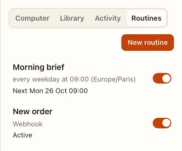 The Routines tab of Rita: Morning brief (every weekday at 09, next Mon 26 Oct 09) and New order (Webhook), each with a switch.