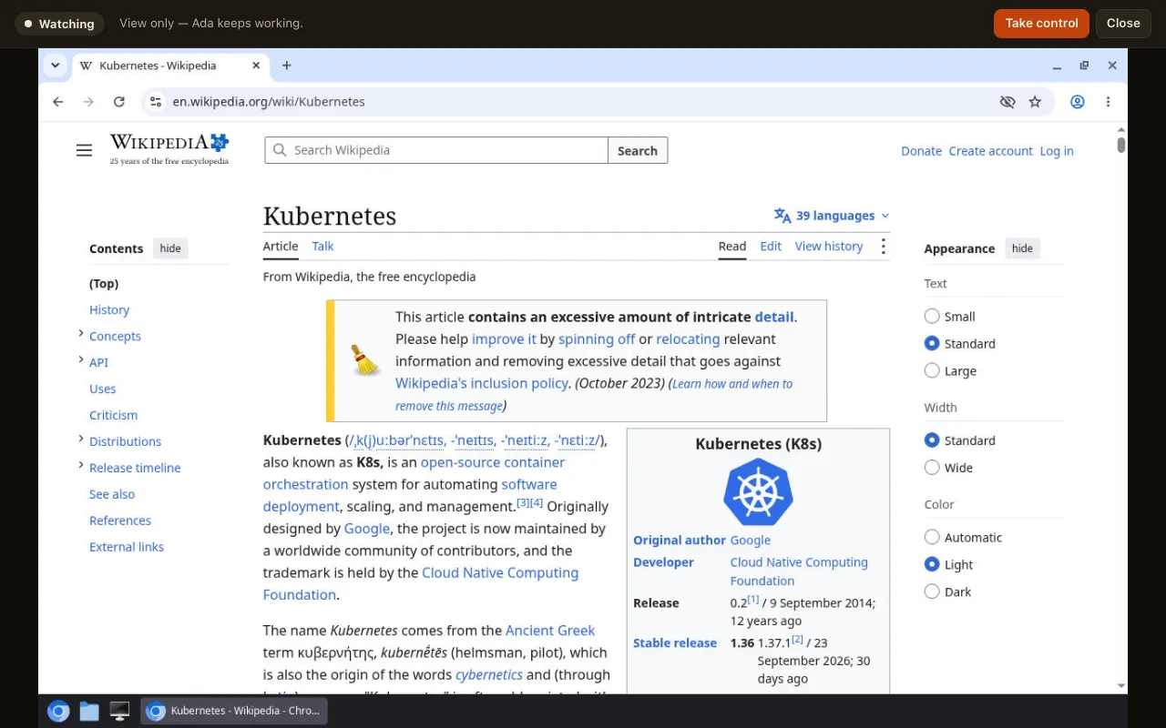 Watching Ada’s screen full window: Chromium on a Wikipedia article, the dock at the bottom, Take control and Close at the top.