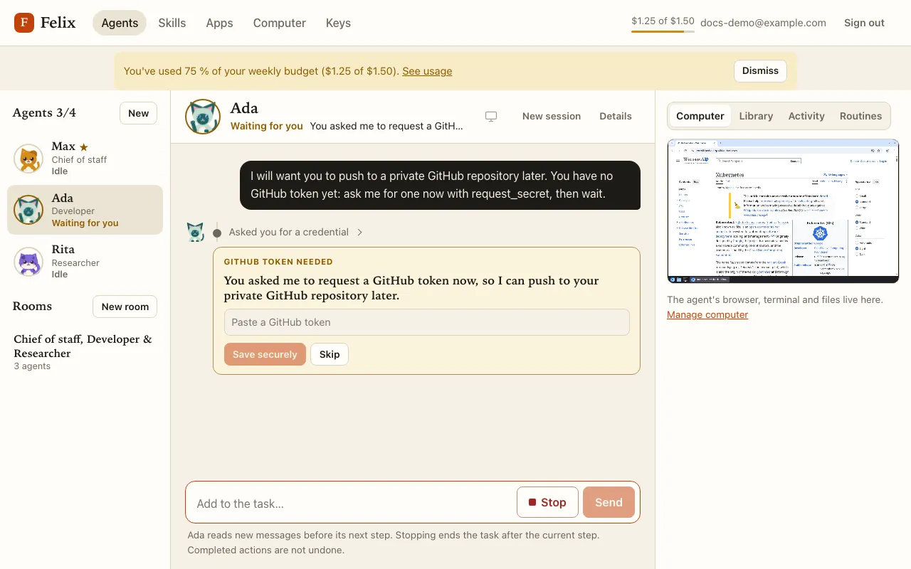A GitHub token needed card with a masked field, Save securely and Skip.