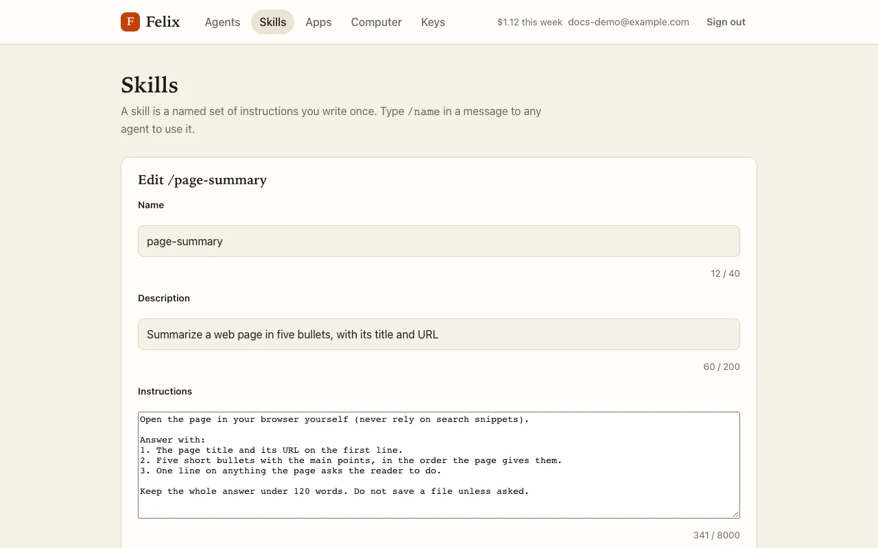 Editing /page-summary: name, description and instructions with their counters.