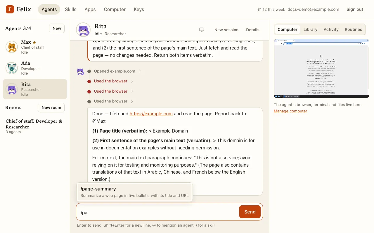 Typing /pa in Rita’s message box suggests /page-summary with its description.