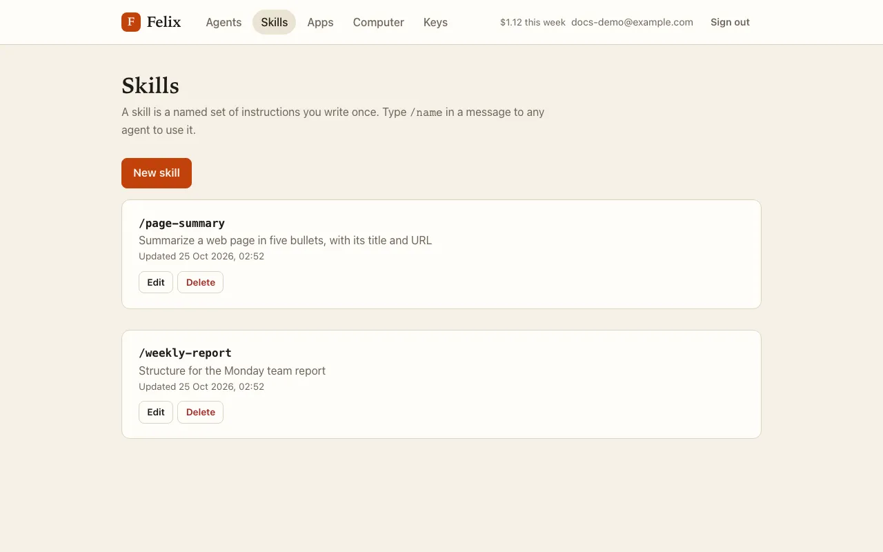 The Skills page listing /page-summary and /weekly-report, each with Edit and Delete.