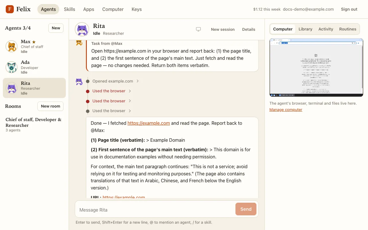 Rita’s chat: a Task from @Max to open example.com and report back, her actions, and her answer.