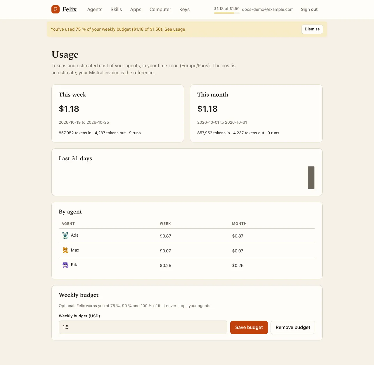 The Usage page: This week and This month, the last 31 days, a table by agent and the Weekly budget form, with a 75 % budget banner and the meter in the top bar.
