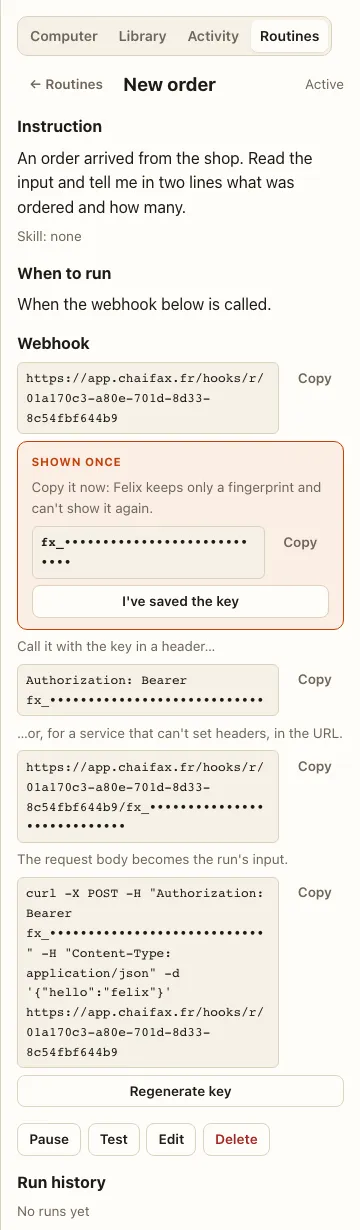 The Shown once box with the new key (hidden here), I’ve saved the key, then the header, the URL with the key and a curl example.